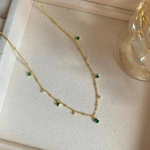 925 Sterling Silver Dainty Emerald Drops Necklace - Picture 2 of 7